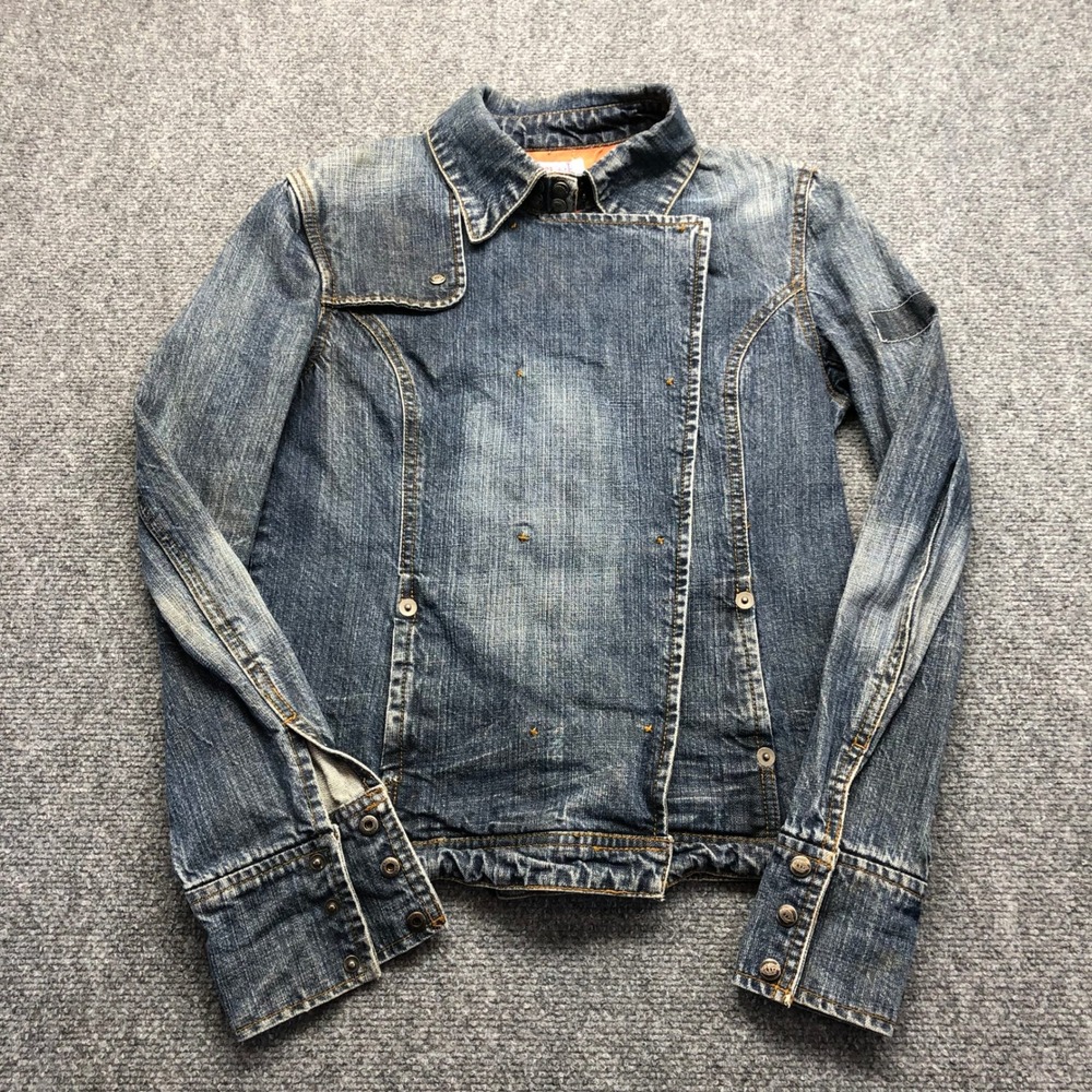 Aryeh Womens Medium Wash Asymmetrical Snap Denim Jacket Blue Size Large